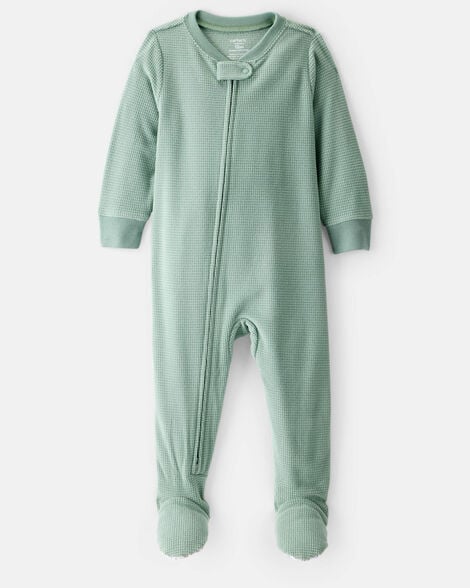 baby boy waffle knit long-sleeve 2-way zip 1-piece pajamas - green