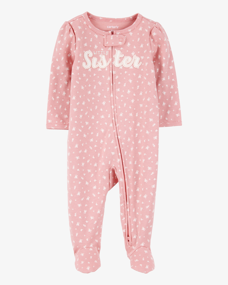 baby girl little sister 2-way zip cotton sleep & play pajamas - pink