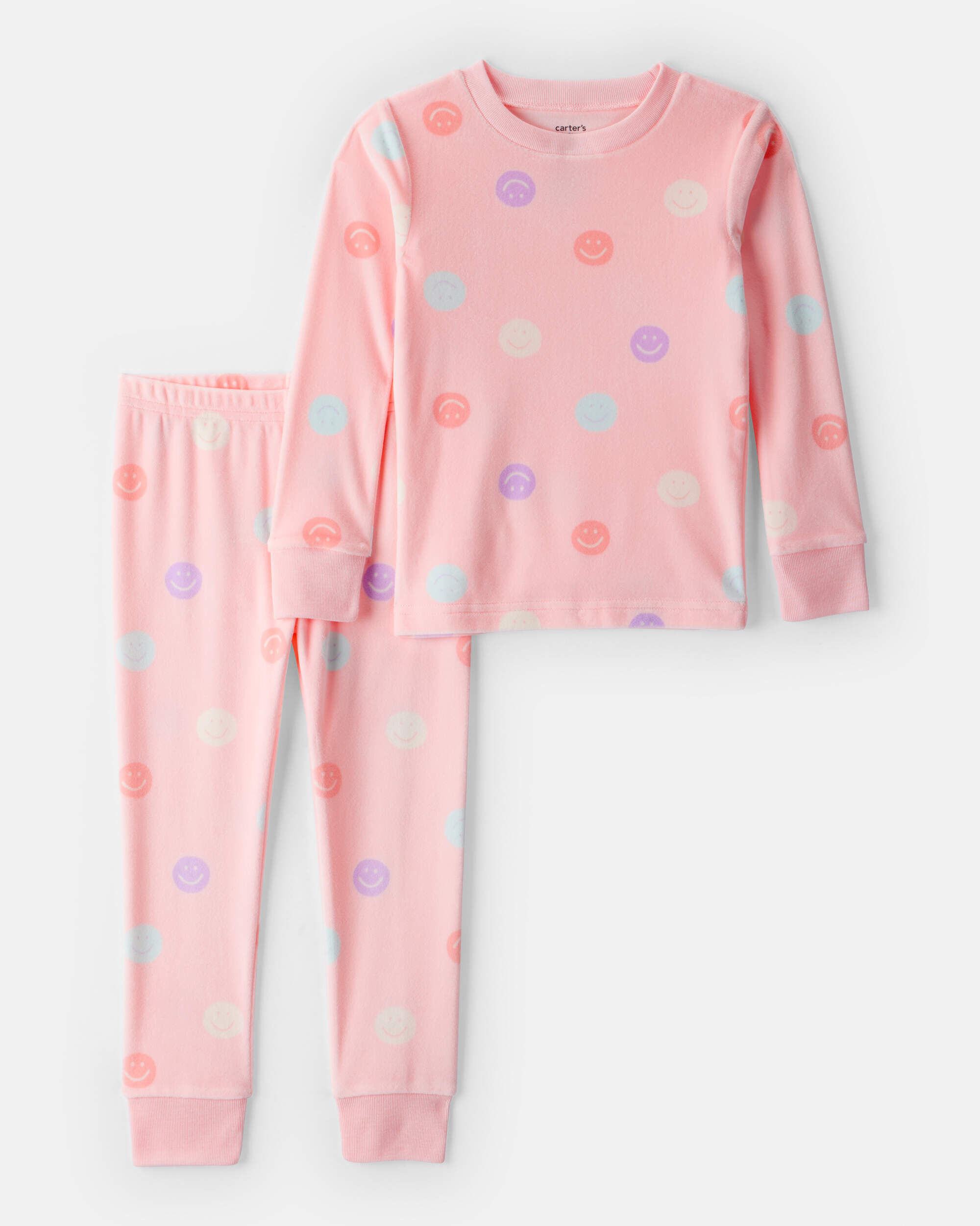 Toddler Girl Smiley Face Print Velour Long-Sleeve Snug Fit 2-Piece Pajamas - Pink