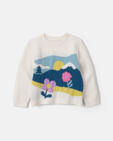 toddler girl flower scenic long-sleeve sweater - cream