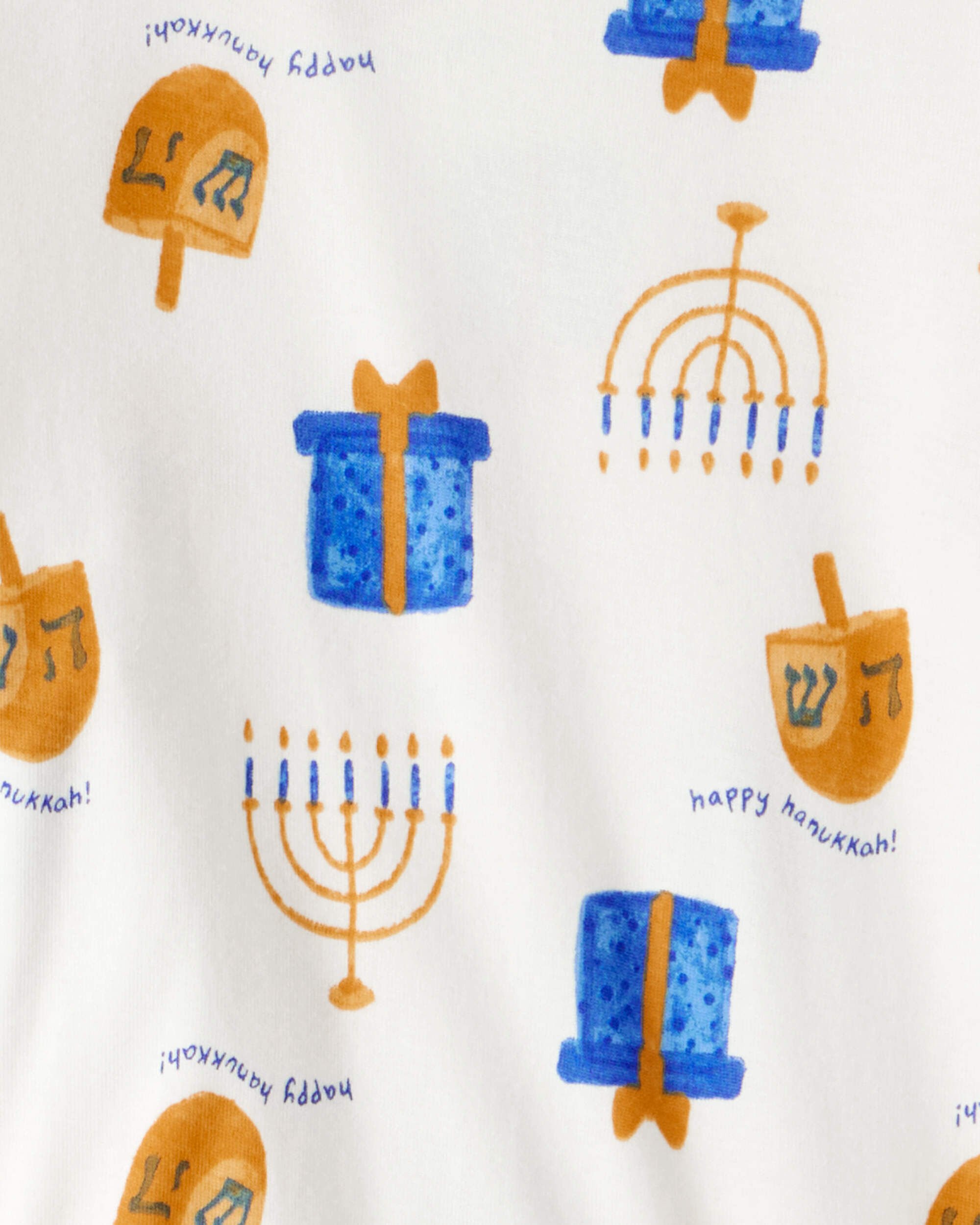 Kid Hannukah Print 100% Cotton Long-Sleeve Snug Fit 2-Piece Pajamas - White