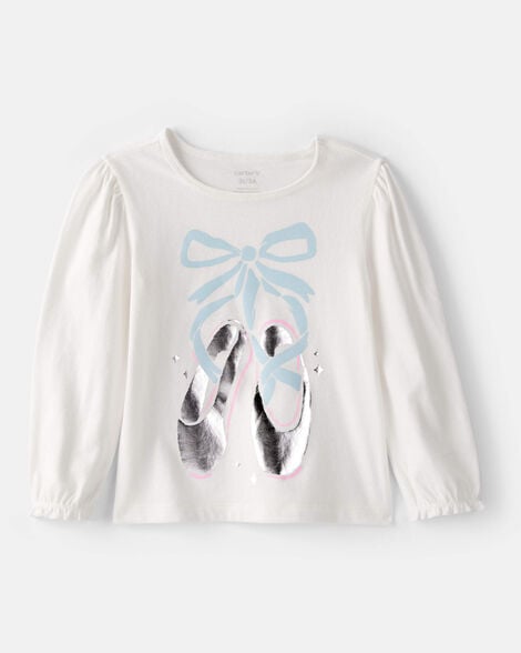 toddler girl metallic ballet shoe long-sleeve graphic tee - white