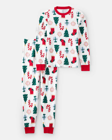 adult festive friends christmas 100% cotton long-sleeve snug fit 2-piece pajamas - white