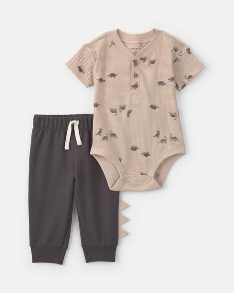 baby boy 2-piece dinosaur thermal short-sleeve bodysuit & pant set - tan/black