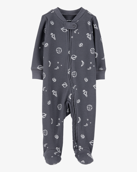 baby boy space print 2-way zip waffle knit sleep & play - grey