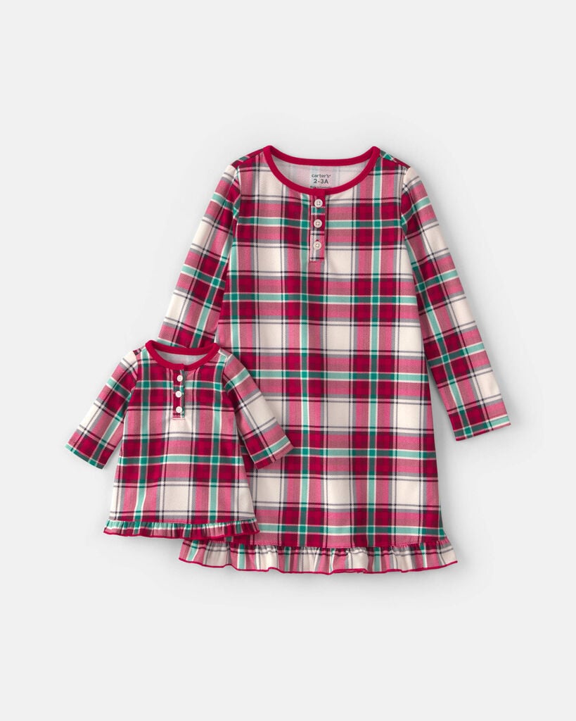 Carter's girls 2-pack christmas plaid fleece loose fit night gown & doll gown 12-14 Red/Green
