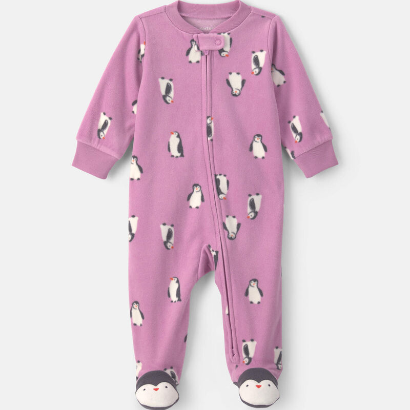Baby Girl Penguin Fleece 2-Way Zip Sleep & Play Pajamas - Purple