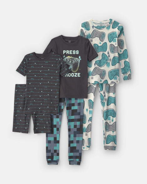 boys gaming 100% cotton 6-piece pajama sets - teal/black
