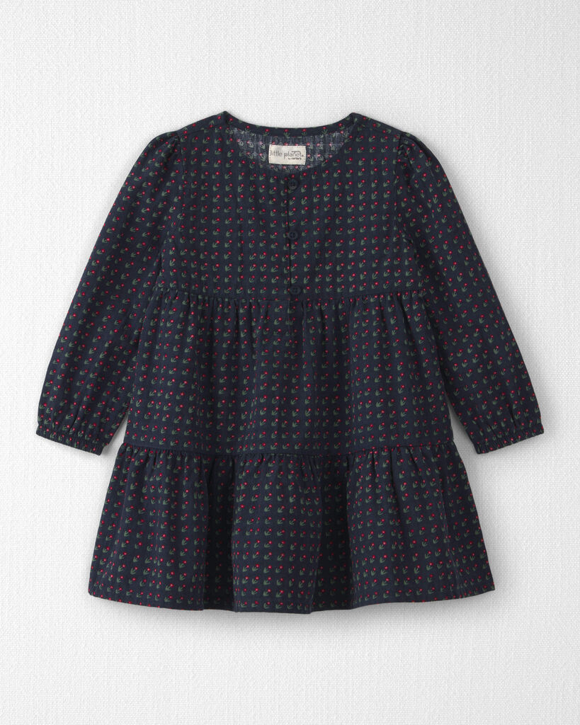 Little Planet Toddler Girl Organic Cotton Dobby Dress in Navy Floral 2T Navy Blue