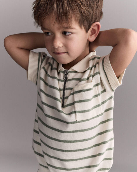 Toddler Boy Knit Zip-Up Polo in Stripes - Cream