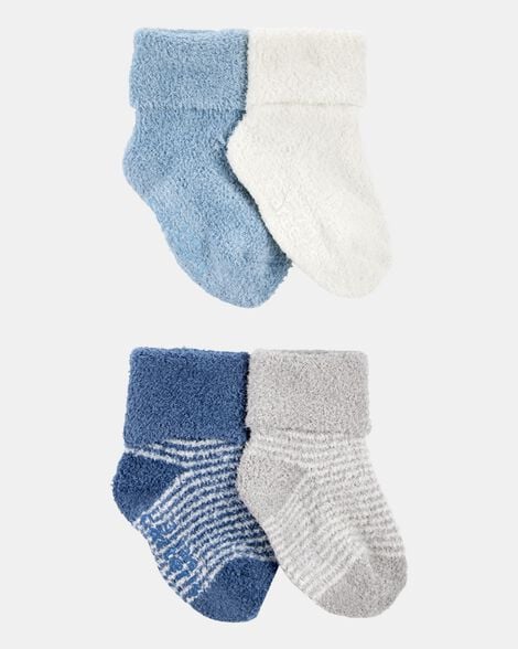baby boy 4-pack chenille foldover cuff booties - blue/white