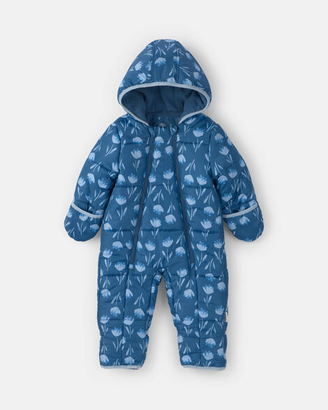 baby girl 1-piece floral hooded pram snowsuit - blue