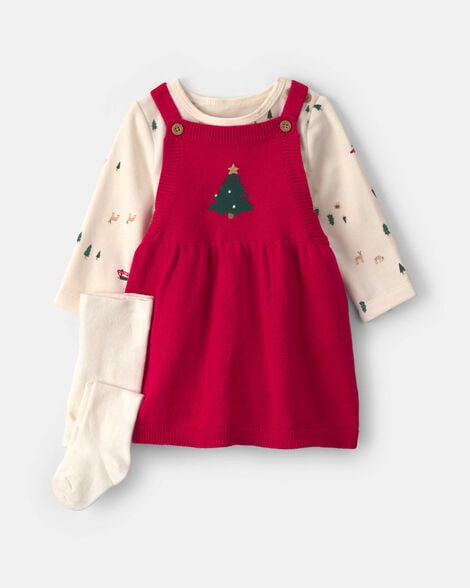 baby girl 3-piece christmas tree long-sleeve sweater dress set - red/cream