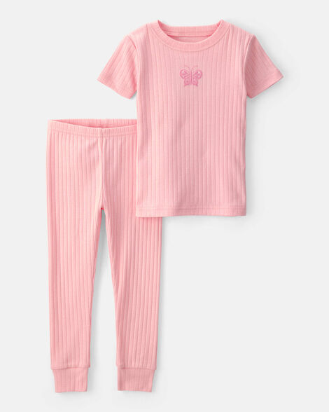 toddler girl butterfly rib snug fit 2-piece pajama set - pink