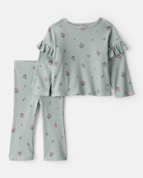 Product image 1 of Baby Girl 2-Piece Floral Cotton Long-Sleeve Tee & Pant Set - Green