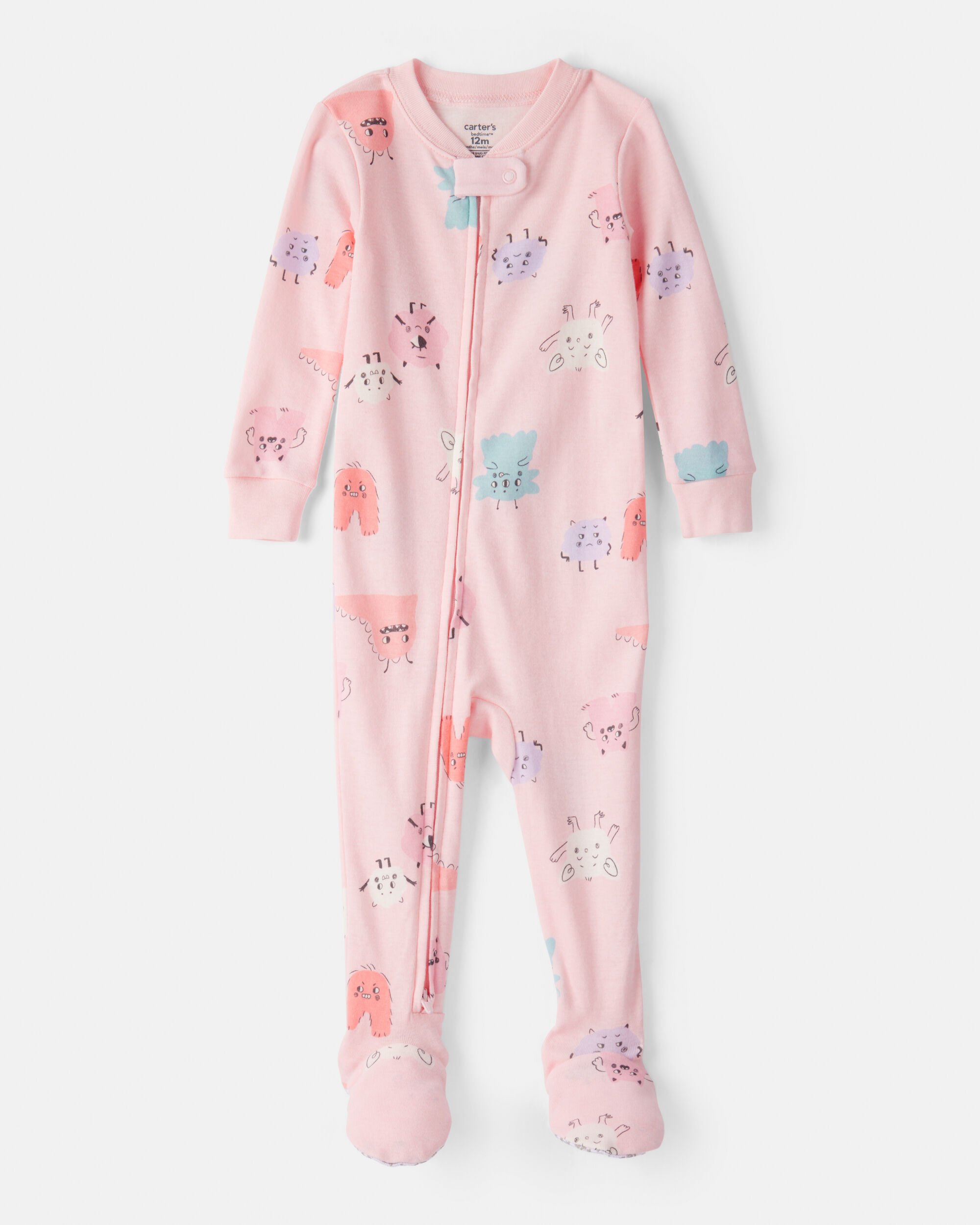 Baby Girl Monster 100% Cotton Snug Fit 2-Way Zip Footie 1-Piece Pajamas - Pink