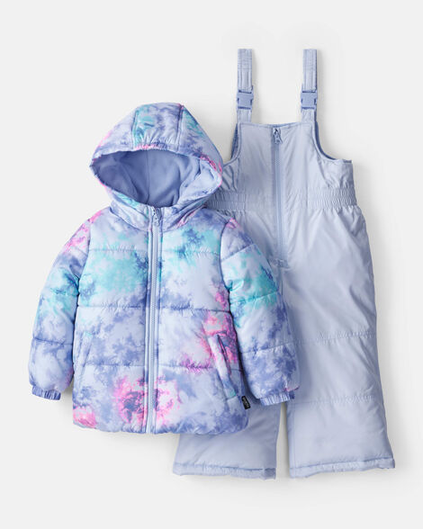 Toddler Girl 2-Piece Tie Dye Hooded Snowsuit Jacket & Bib Set - Blue