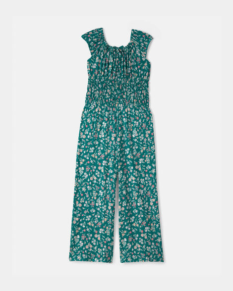 Girls Floral Smocked Jumpsuit - Green