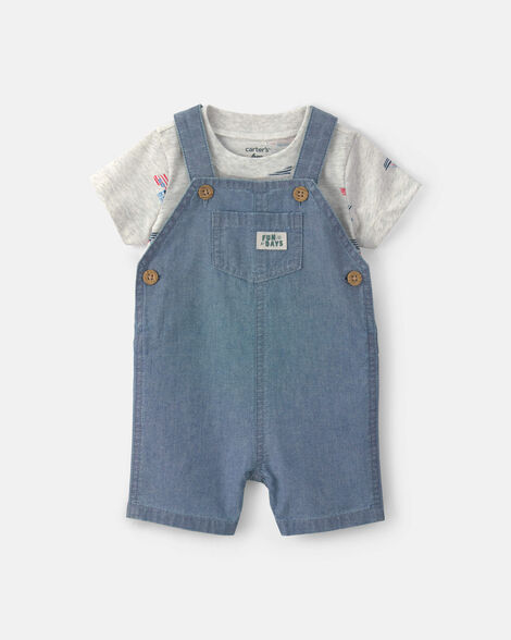 baby boy 2-piece chambray boats overall set - indigo/grey