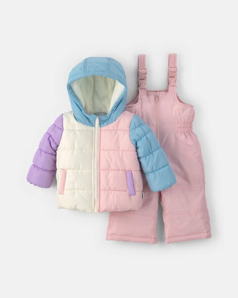 baby girl 2-piece color block hooded snowsuit jacket & bib set