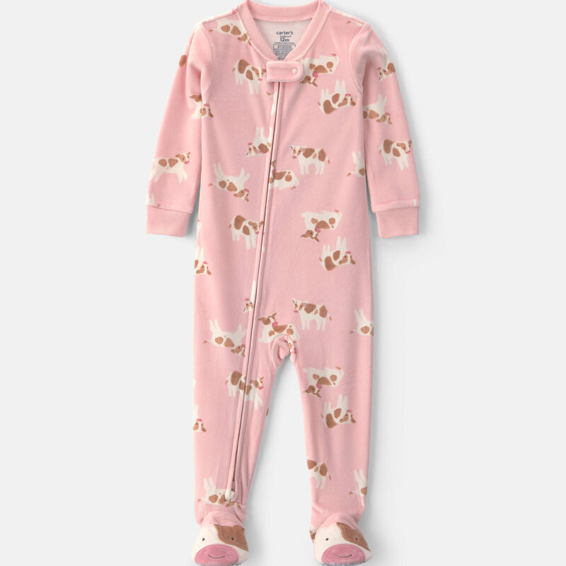 Toddler Girl 1-Piece Cow DreamPlush Snug Fit Footed Pajama - Pink
