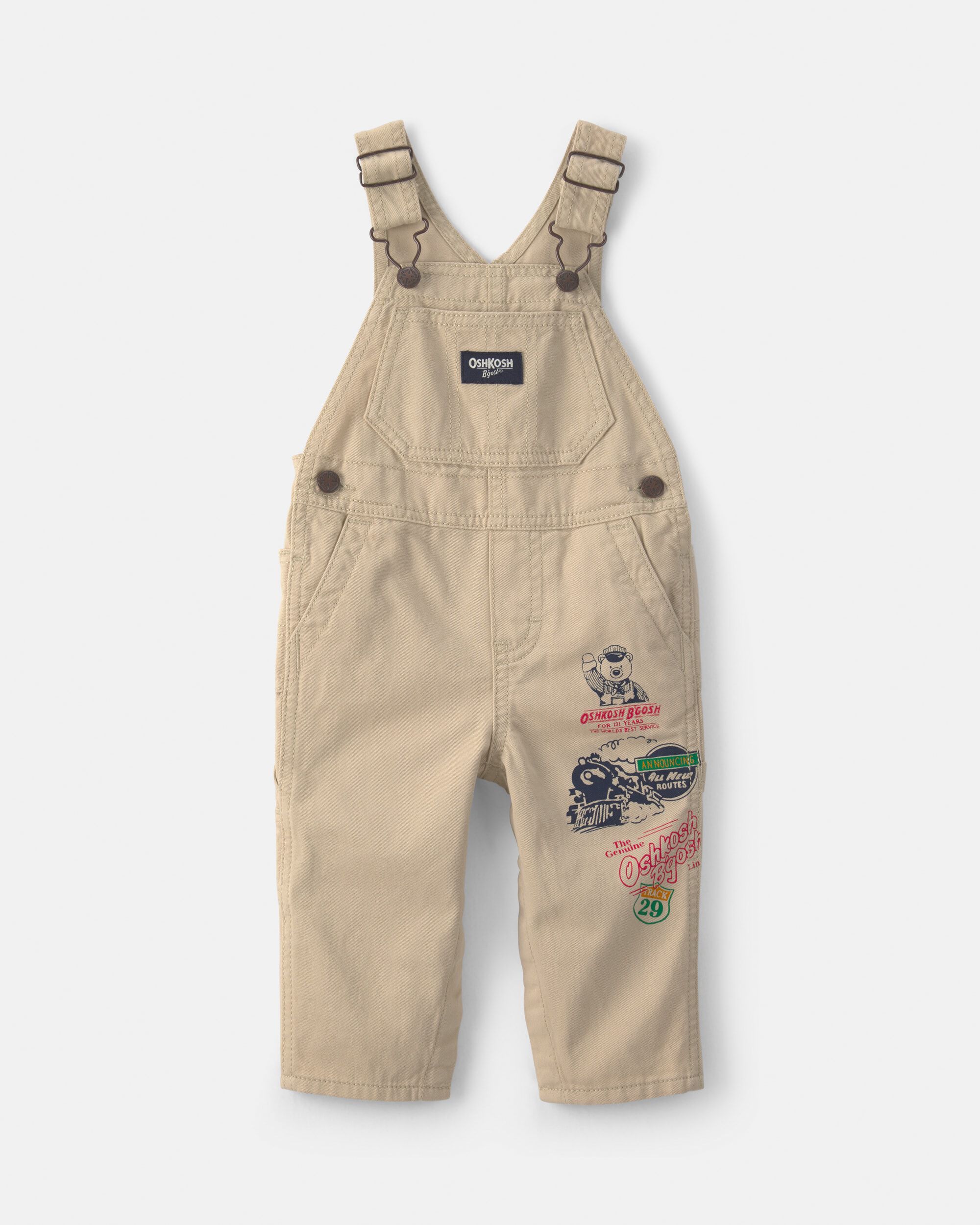 OshKosh B'gosh Baby Train Overalls 12M Khaki