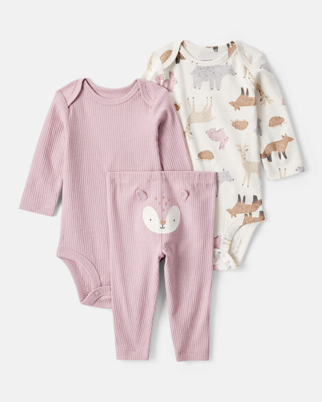 baby girl 3-piece woodland creatures long-sleeve bodysuits & pant set - pink/white