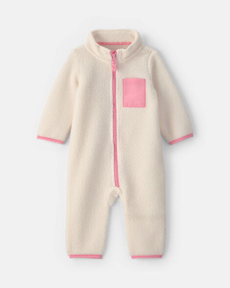 baby girl color block fleece long-sleeve jumpsuit - cream/pink