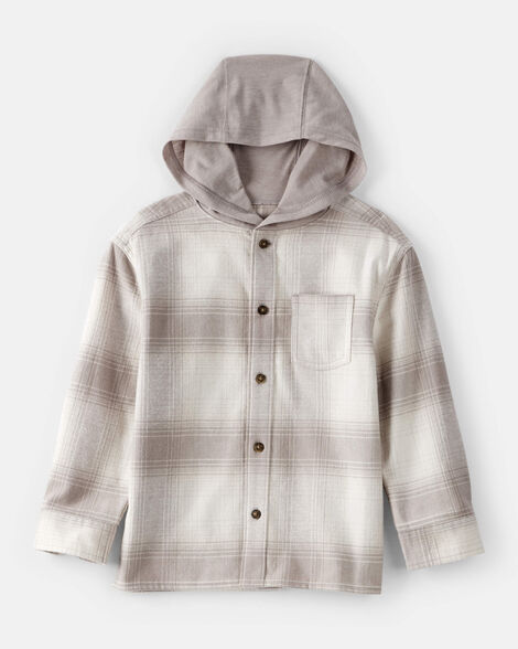 Boys Hooded Button-Down Shirt - Brown