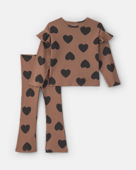 toddler girl 2-piece heart long-sleeve top & pant set - brown