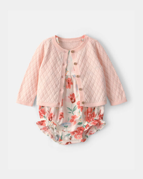 baby girl 2-piece floral cardigan & bubble set - pink