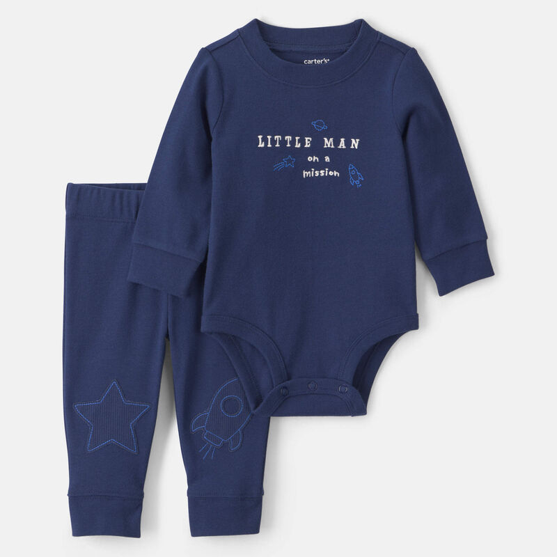 Baby Boy 2-Piece 'Little Man On a Mission' Space Long-Sleeve Bodysuit & Pant Set - Navy Blue