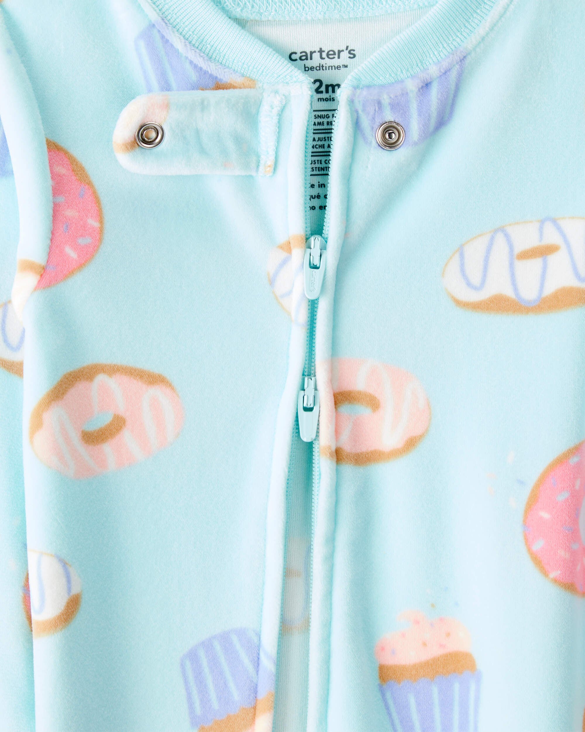 Toddler Girl Donuts Print Velour Long-Sleeve Snug Fit 1-Piece Pajamas - Blue