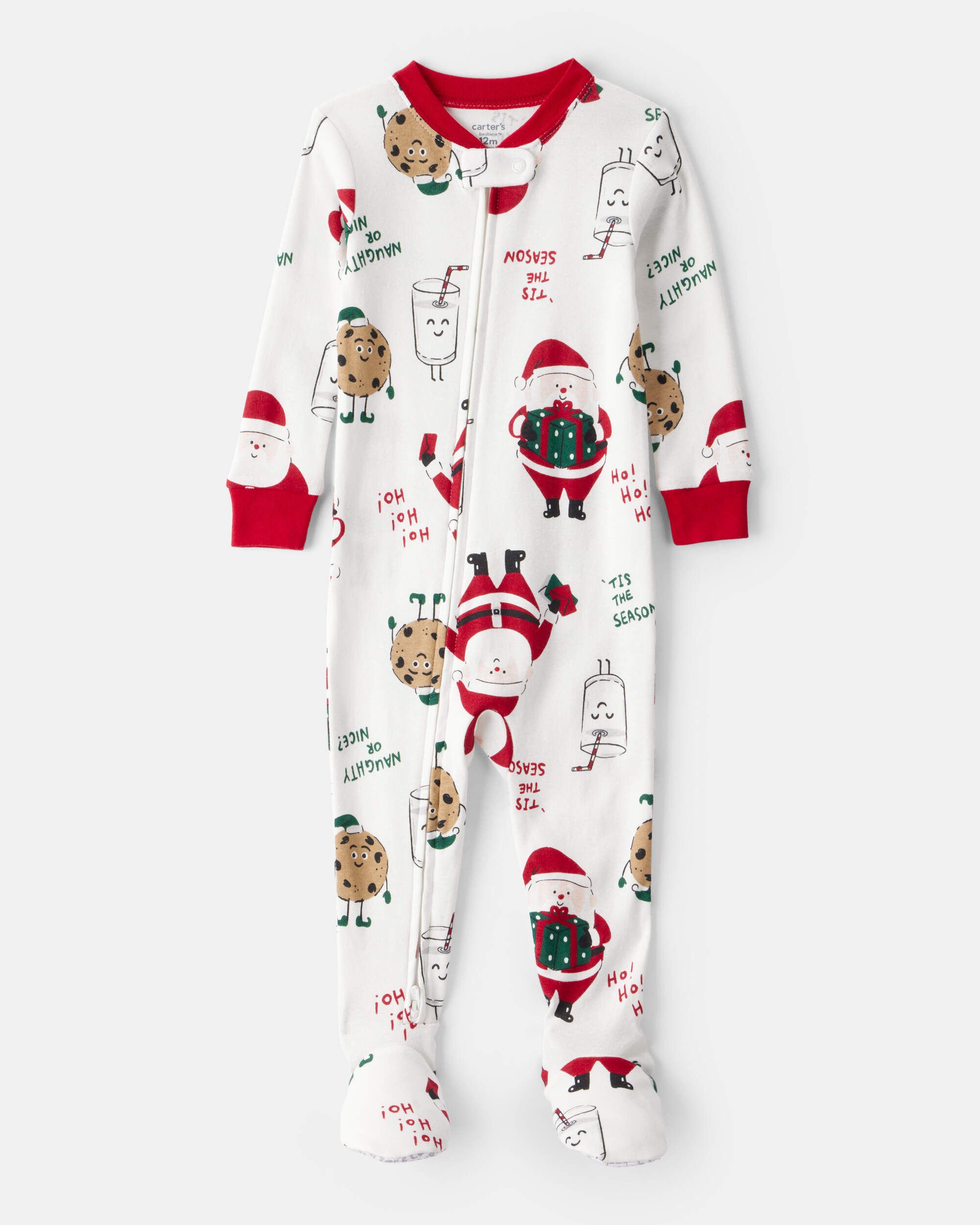 Baby Beige Santa Milk & Cookies 100% Cotton Long-Sleeve Snug Fit 1-Piece Pajamas - White