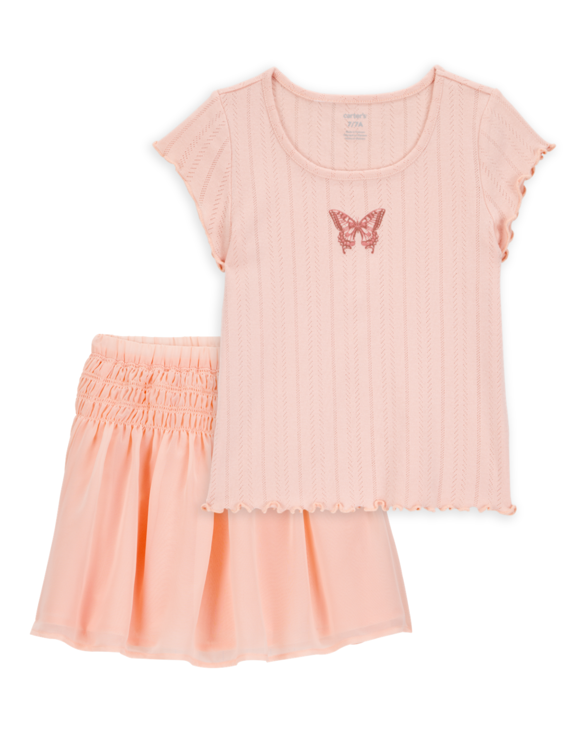 Kid 2-Piece Butterfly Pointelle Tee & Chiffon Skirt Set - Pink