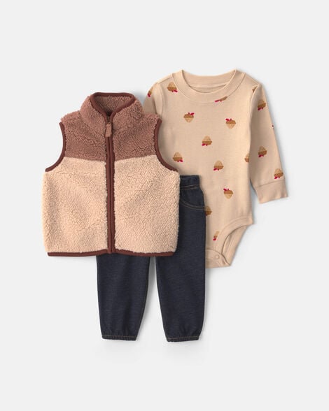 baby boy 3-piece acorn teddy fleece layering set - brown/indigo