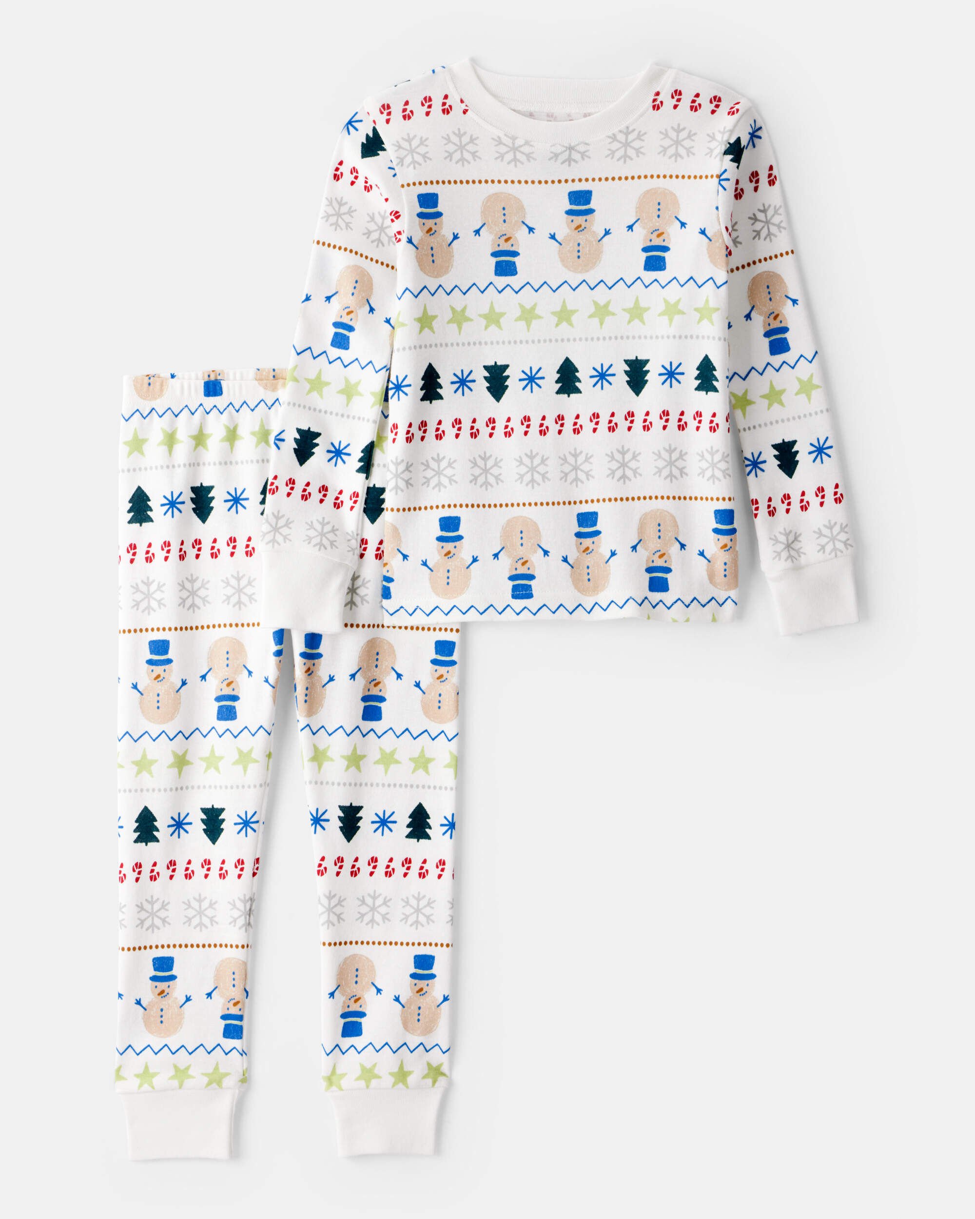 Toddler Snowman Fair Isle 100% Cotton Long-Sleeve Snug Fit 2-Piece Pajamas - White