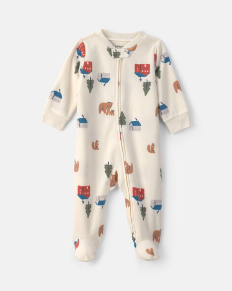 baby bear cabin fleece 2-way zip sleep & play pajamas - cream