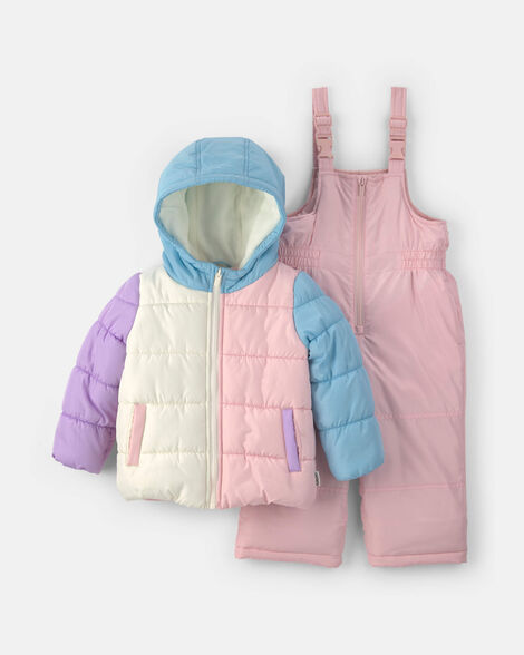 toddler girl 2-piece color block hooded snowsuit jacket & bib set