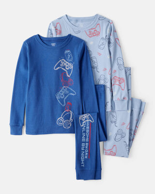 Boys Chili Pepper Print 100% Cotton Long-Sleeve Snug Fit 4-Piece Pajamas - Blue