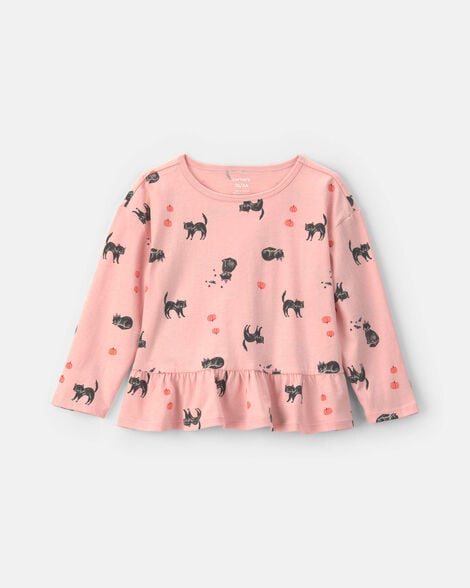 toddler girl halloween cat long-sleeve peplum top - pink