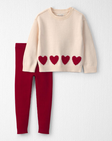 Toddler Girl 2-Piece Organic Cotton Sweater Knit Top & Pant Set in Red Hearts