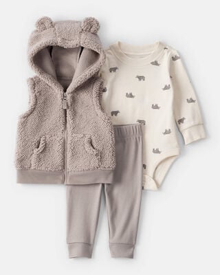 Baby 2-Piece Striped Bear Hooded Bodysuit Pant Set - Green/White