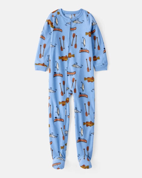 boys 1-piece fishing print fleece footie pajamas - blue