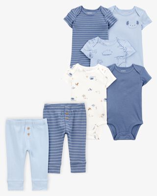 Product image 1 of Baby 7-Piece Short-Sleeve Bodysuits & Pull-On Pants Set - Blue