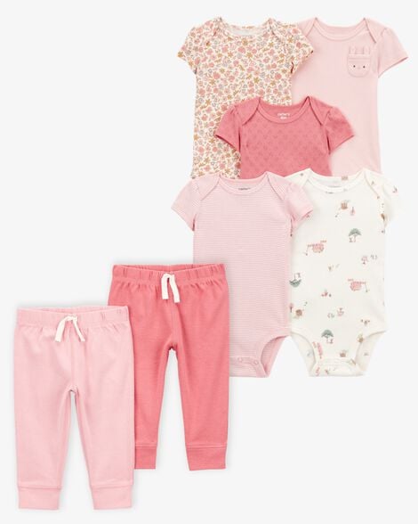 Product image 1 of Baby 7-Piece Short-Sleeve Bodysuits & Pull-On Pants Set - Pink