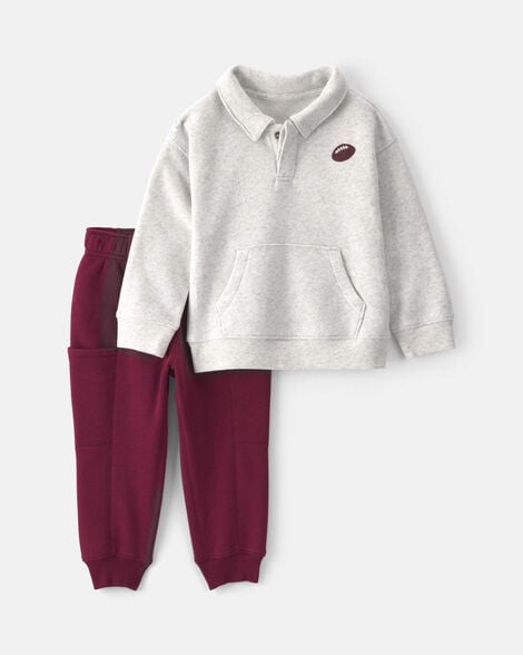 baby boy 2-piece football fleece henley top & pant set - cream/burgundy