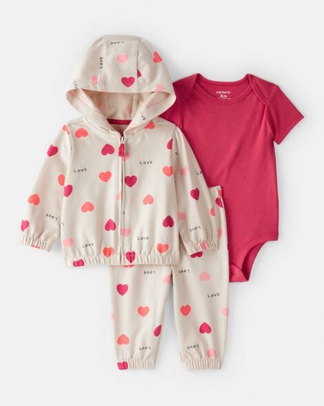 baby girl 3-piece heart jacket outfit set - brown
