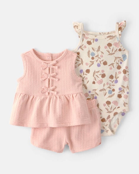 baby girl 3-piece floral top, bodysuit & short set - pink/cream