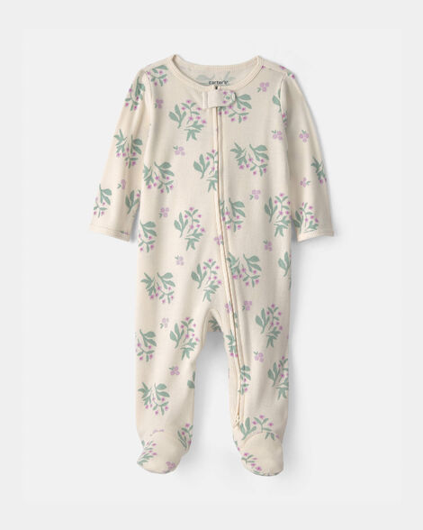 baby girl floral cotton 2-way zip sleep & play pajamas - ivory